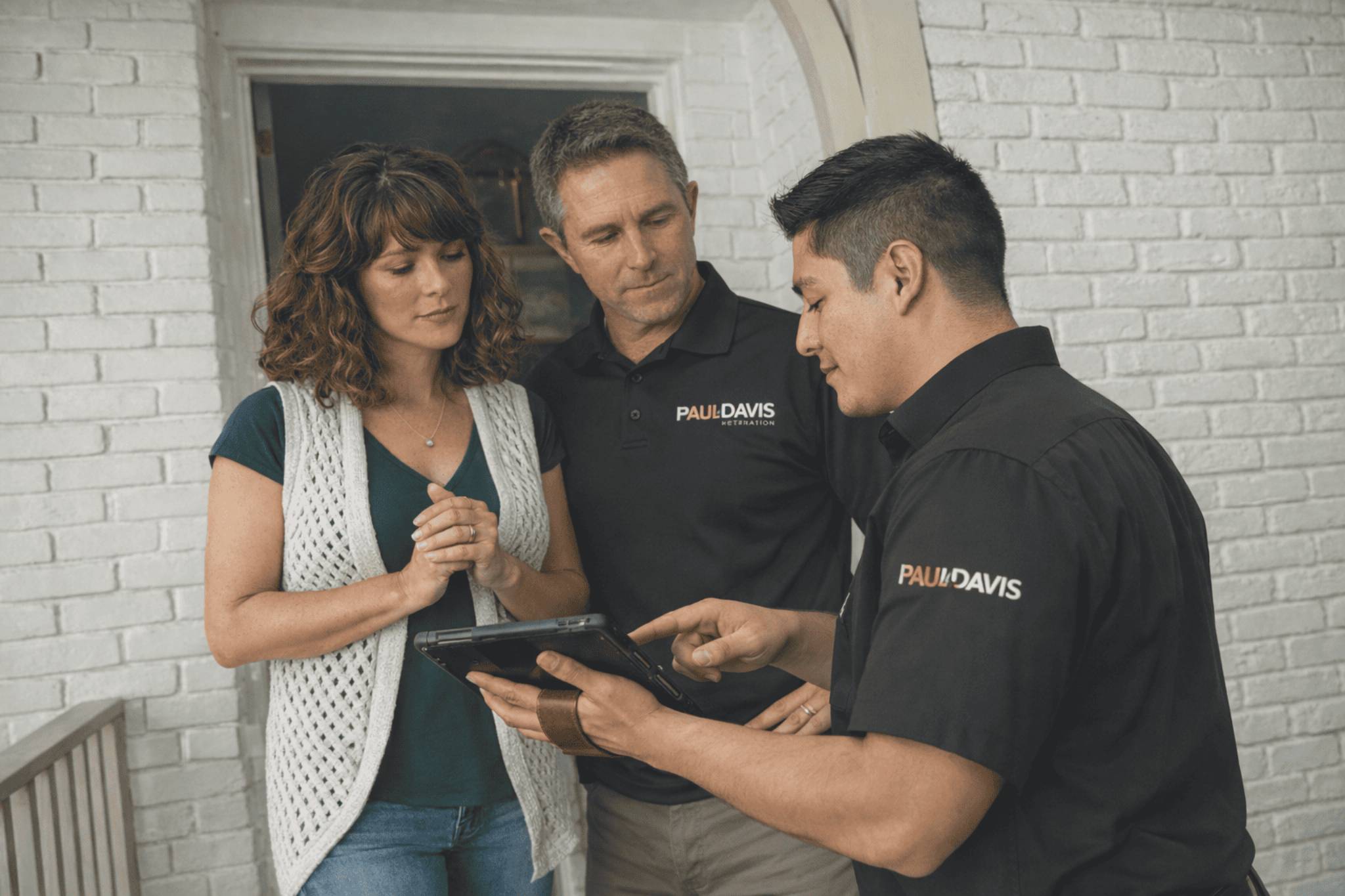 Paul Davis Restoration of Livonia/Farmington MI team reviewing home restoration plan with homeowners during insurance claim and property damage consultation service