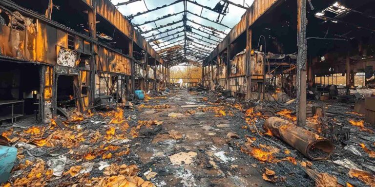 Commercial fire damage inside industrial building in Livonia, MI requiring emergency smoke cleanup, structural restoration, and commercial fire damage recovery by Paul Davis Restoration of Livonia/Farmington MI