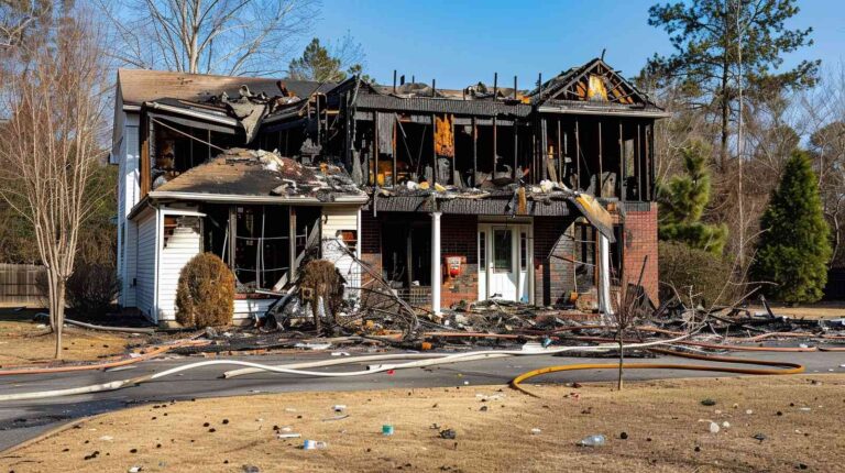 Fire-damaged home in Livonia, MI with severe structural destruction requiring emergency fire damage cleanup, smoke restoration, and reconstruction services by Paul Davis Restoration of Livonia/Farmington MI